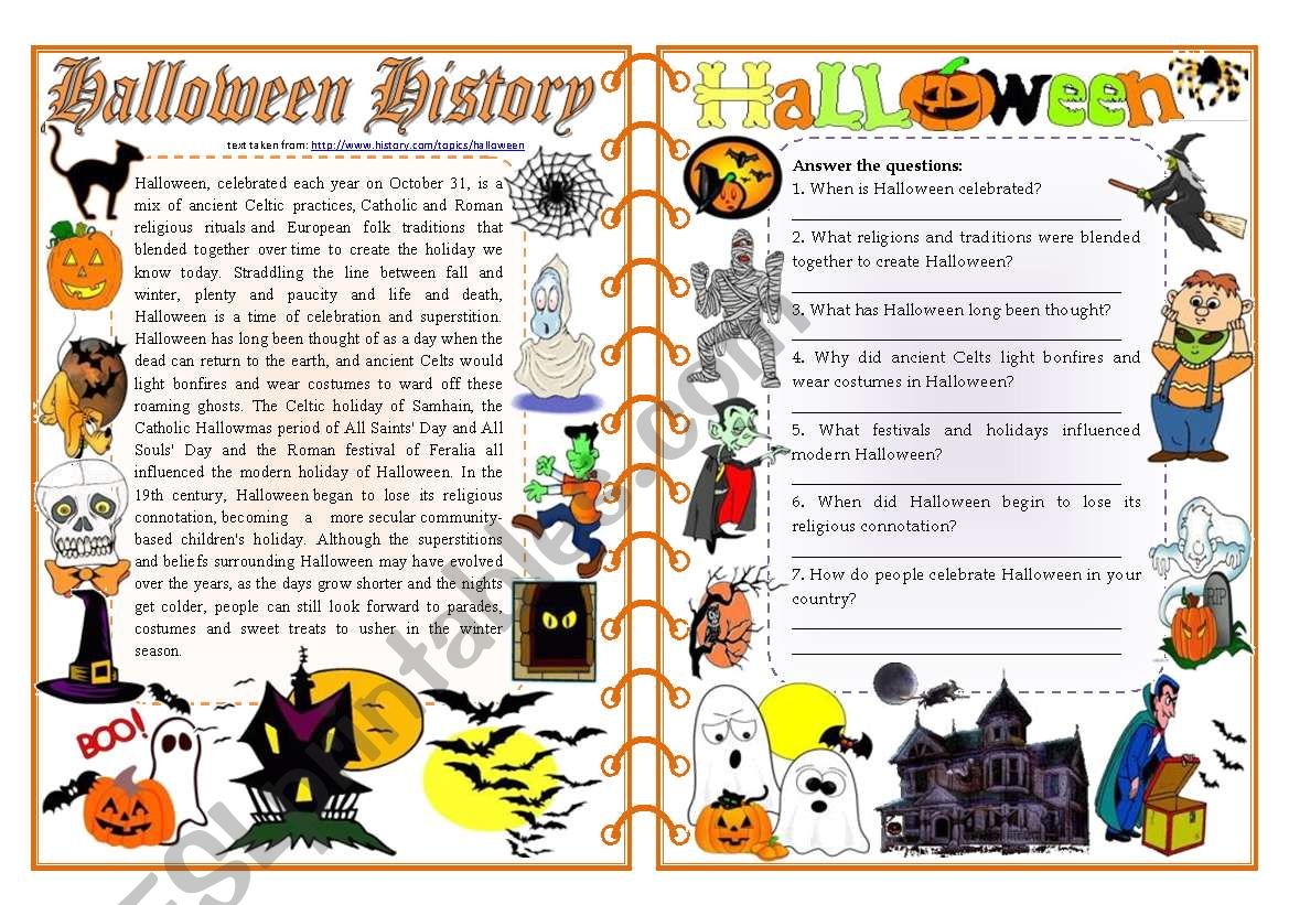 Halloween History - Reading Comprehension, Vocabulary & Grammar [2 pages] ***fully editable